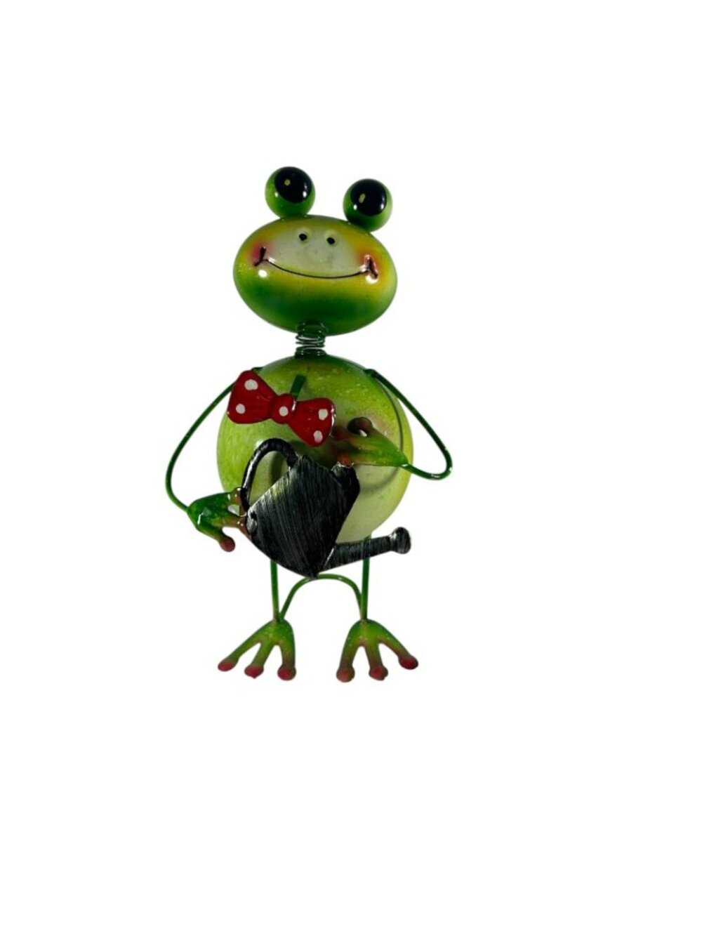 Metal Bright Green Frog w Watering Can Bow Tie Garden Decor Bobblehead 12"